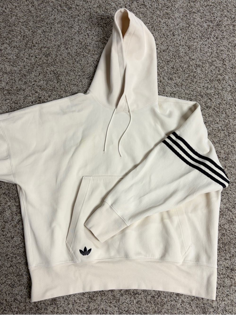 Adidas Cream Crewneck Hoodie with Black Three-Stripes Accent
